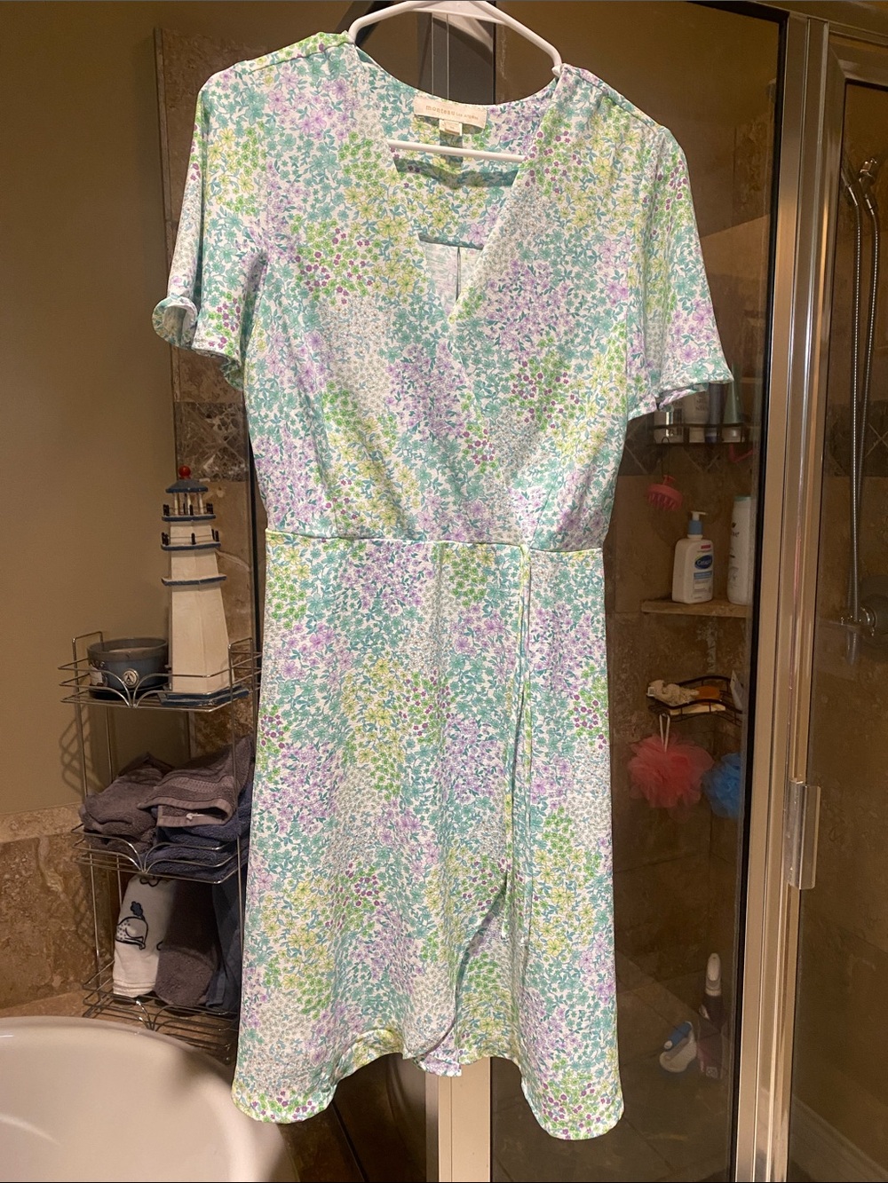 V-Neck Floral Short Sleeve Dress in Mint and Lavender